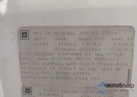 1990 Chevrolet Corvette z USA, uszkodzony, nr VIN 1G1YY238XL5116900